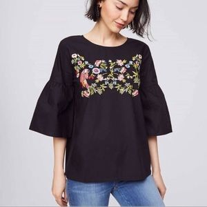 {LOFT} Black Embroidered Top Bell Sleeves M Maternity
